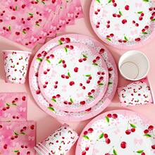 粉色蝴蝶结樱桃图案一次性餐盘、餐巾纸和杯子套装，可供20位客人使用。这款一次性派对用品套装（包括餐盘、餐巾纸和杯子）非常适合生日派对、婚礼和家庭野餐。 - 查看 3