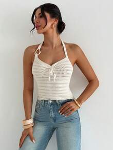 Firerie Women's Halter Neck Hollow Out Knit Top, Summer - Apricot - View 6