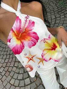 SHEIN EZwear 粉色芙蓉花与贝壳海星印花女士吊带上衣 - 休闲简约度假风，适合春夏海滩、邮轮、波西米亚风、西部风情音乐节、海岛风、复古海滨、浪漫假期、春假、可爱居家服、柔美少女/清新少女风、音乐节、演唱会、婚礼宾客、城市旅行及优雅假日装扮。 - 彩色 - 查看 7