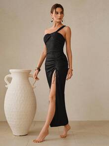 Swim Oasis Spring/Summer New Women's One-Piece Swimsuit Set, Black Special Textured Fabric, Asymmetric Shoulder Strap Crossover Design Swimsuit And Side Slit Ruched Tie-Up Maxi Skirt, Elegant Conservative Style Suitable For Beach, Pool Party - Black - View 4