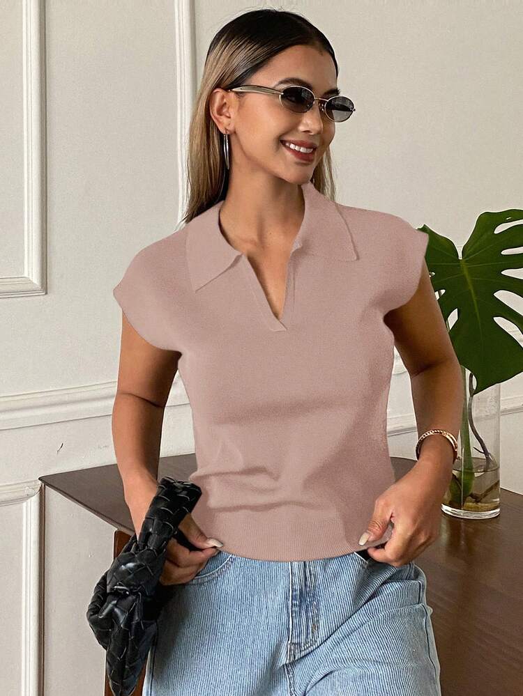 Women's Solid Color Fitted Polo Collar Elegant Formal Spring/Autumn Knit Top Summer