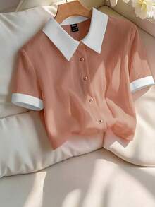 Franclia Áo sơ mi nữ thanh lịch màu hồng nhạt chất liệu chiffon nhăn, cổ trắng, tay ngắn, dáng rộng. - Màu Hồng  San hô - Xem 3