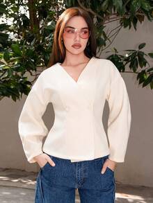 Bris Aura Autumn Solid Color Double Button Placket Coat ,Suitable For Daily Street Wear,Surplice Neck,Coat,Cream Women,Casual Slim Jacket For Autumn/Winter,Falls Women,Fall Women Clothes , Women Going Outs French Style Clothes, Casual - Apricot - View 1