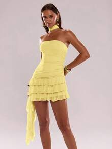 SHEIN BAE Women's Solid Color Ruffled Hem Bandeau Dress,Summer Dresses For Women - Yellow - View 6