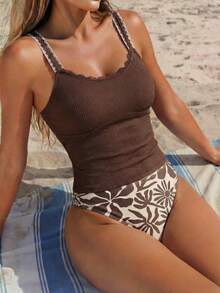 Swim Lushoire Women's Brown Summer Casual Beach Holiday Vacation Contrast Lace Tankini Swimwear Set,Elegant Two-Piece Holiday Bikini,Removable Pads - Multicolor - View 7
