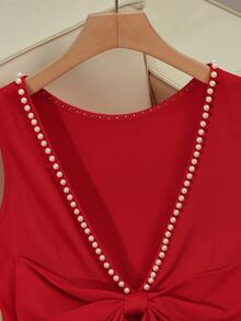 GlowEve Women's Red Backless Beaded Bow Decor Sleeveless Dress - Red - View 7