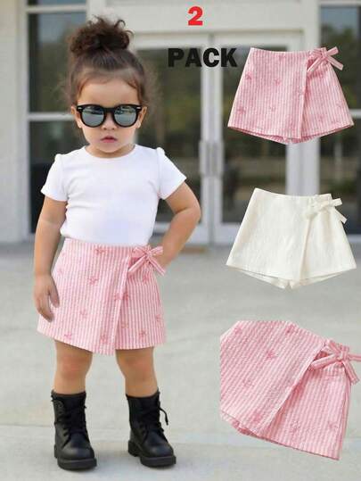 2件套女童时尚编织粉色蝴蝶结条纹白色纹理刺绣面料休闲短裤套装，适合度假穿着；儿童女童撞色条纹纸袋腰短裤，带蝴蝶结装饰，适合夏季派对穿着