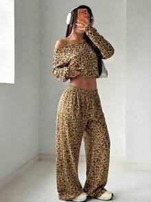 SHEIN EZwear Leopard Print Knit Asymmetric Collar Casual Long Sleeve Sweatshirt Leopard Top Cheetah Print Leopard Print - Khaki - View 6