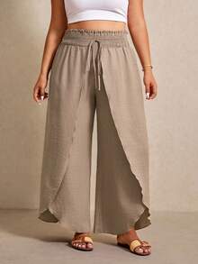 Elaquor Plus Size Women Solid Color Waist Tie Loose Leg Pants For Vacation - Khaki - View 3