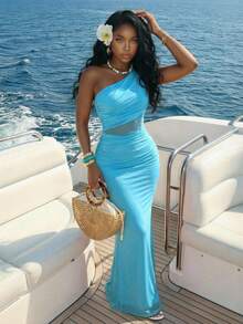 Slaydiva New Early Spring, Spring And Summer Music Festival, Valentine's Day, Easter, Bohemian Style, Nomadic Style, Casual, Simple And Basic, Cruise Party, Birthday Party, Daily Date, Casual Vacation, Elegant Commuting, Off-The-Shoulder, Single-Shoulder, Off-The-Shoulder, Slimming Long Dress, Sky Blue Dress, Gauze Dress, Women's Extra-Long Dress -A - Mint Blue - View 3