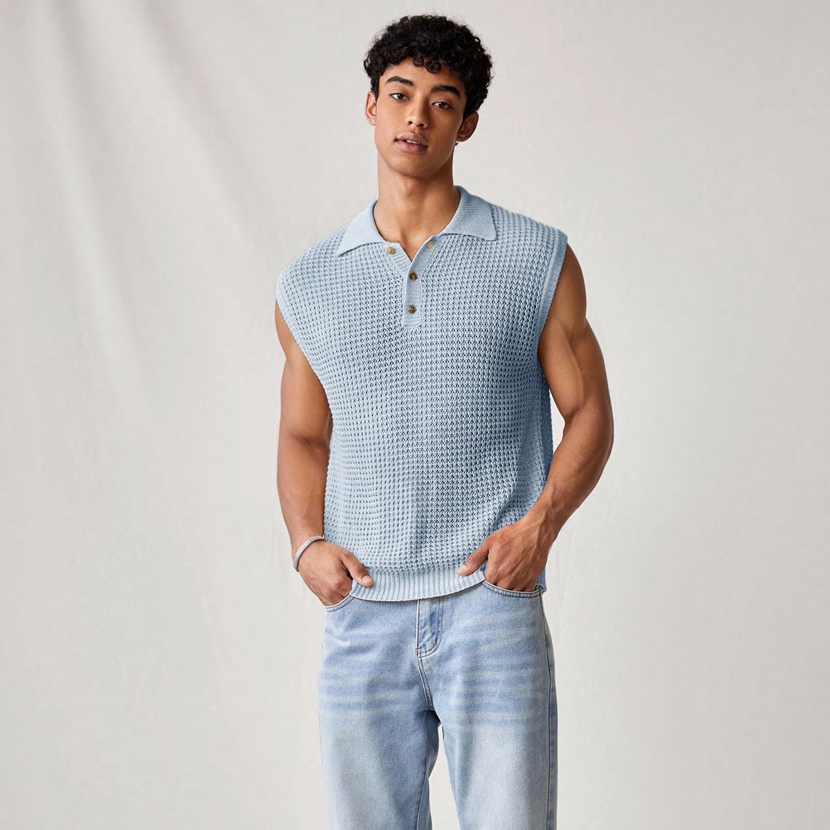 Chaleco sin mangas de punto con cuello polo y diseño calado para hombre, casual de verano