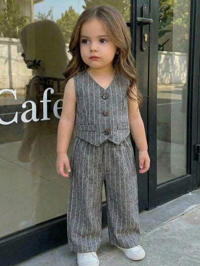 SHEIN 2pcs Baby Girl Woven Solid Color Casual Vest And Pants Set