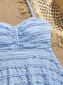 SHEIN 少女坦克比基尼泳衣，纯色可爱提花面料，挂脖荷叶边设计，两件套泳衣，欧美时尚精致休闲优雅女士款，适合游泳、海滩、度假、夏季穿着。浅蓝色少女泳衣，夏季泳装，青少年泳装，连体沙滩装，女士夏季服装，夏季泳装，女士夏季套装，女士夏季沙滩泳装，春夏精选。 - 淺藍色 - 查看 3