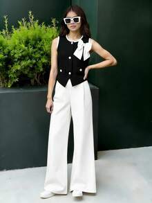 SHEIN Bộ áo tank top và quần dài trang nhã dành cho bé gái tuổi teen, họa tiết hoa 3D. - Đen và trắng - Xem 10