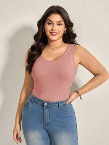 Comfylo Plus Size Women Solid Color Round Neck Casual Basic Knit Tank Top - Dusty Pink - View 4