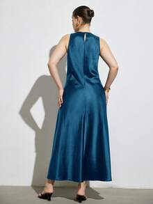 Aveloria Modichic Rochie maxi minimalistă de lux, fără mâneci, linie A, design asimetric simplu și elegant, material acetat satinat, mărime mare flatantă, versatilă pentru purtare zilnică și în straturi - Albastru - Vizualizare 2