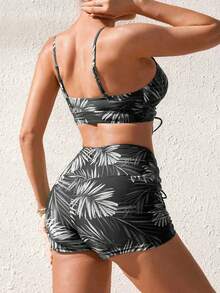 SHEIN Swim 女士夏季沙滩热带植物印花抽绳比基尼泳衣套装 - 彩色 - 查看 3