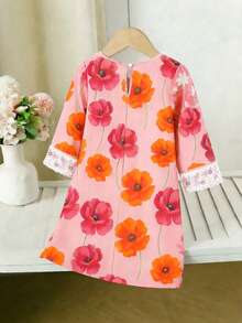 SHEIN DRMZ Young Girl Flamingo Print Long Sleeve Dress,Pink Autumn Holiday Party Arabian Robe,Elegant Floral Collar Kaftan Jalabiya Pakistani Kids Clothes - Multicolor - View 3