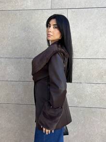 Hitanina Women's Solid Color Faux Fur Collar Long Sleeve Double-Breasted PU Leather Slim Elegant Jacket, Autumn/Winter - Coffee Brown - View 4