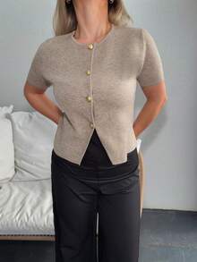 Jeta Ari Women's Solid Color Single-Breasted Short Sleeve Casual Knit Lightweight Cardigan, Autumn,Fall Brown Summer - Coffee Brown - View 3