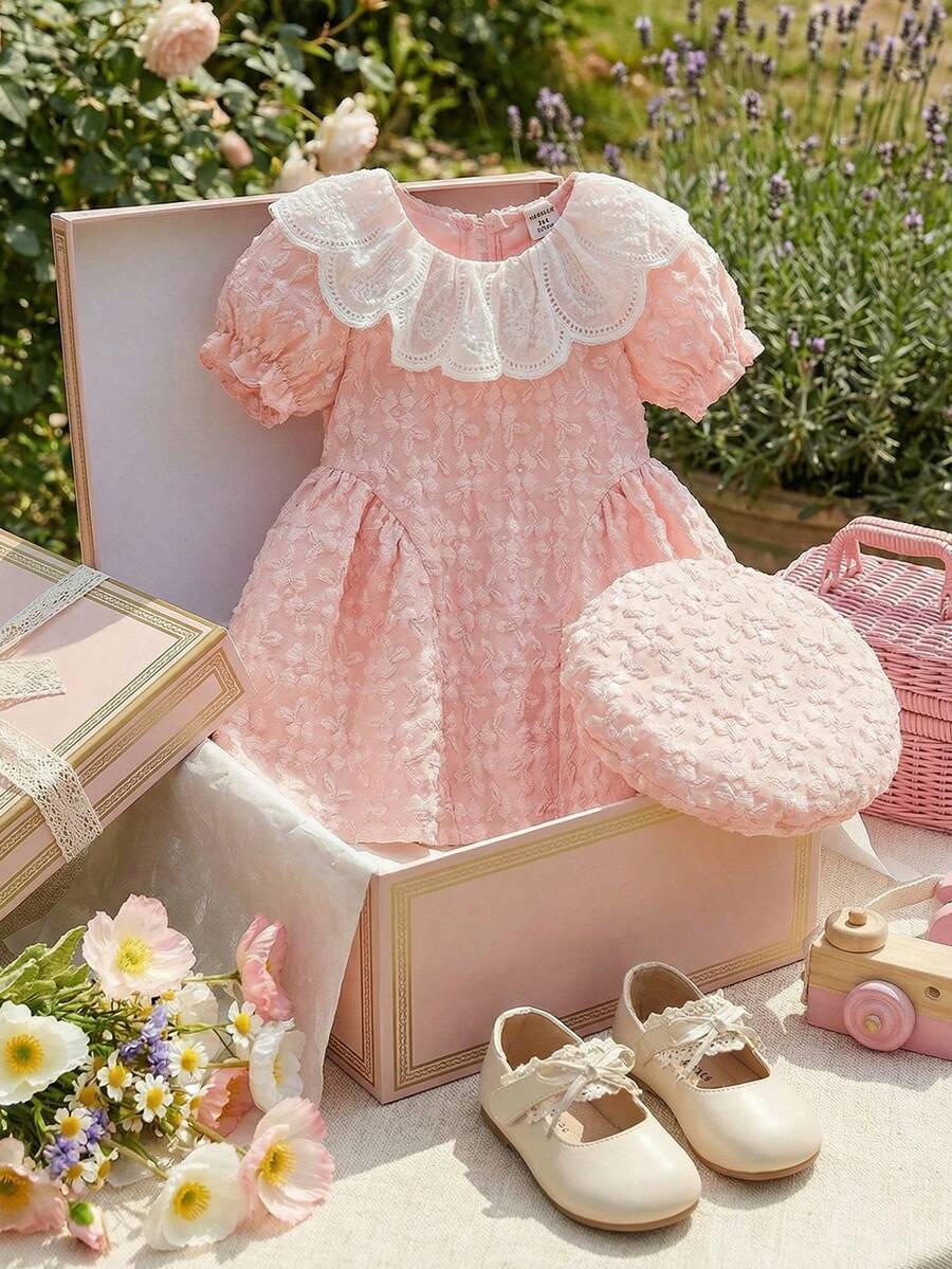 Souflis Souflis Đầm hè kiểu Pháp mới cho bé gái, màu hồng nhạt dễ thương, chất liệu vải dệt họa tiết, trang trí hoa 3D cổ điển với kiểu dáng thời trang, phù hợp cho bé đi chơi hàng ngày, đến trường, dự tiệc và các dịp trang phục sành điệu khác. - Hồng - Xem 1