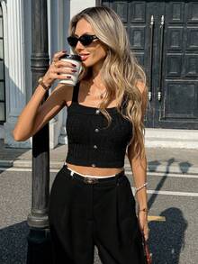 Franclia Áo hai dây ngắn tay dệt kim màu trơn có cúc dành cho nữ - màu đen - Xem 5