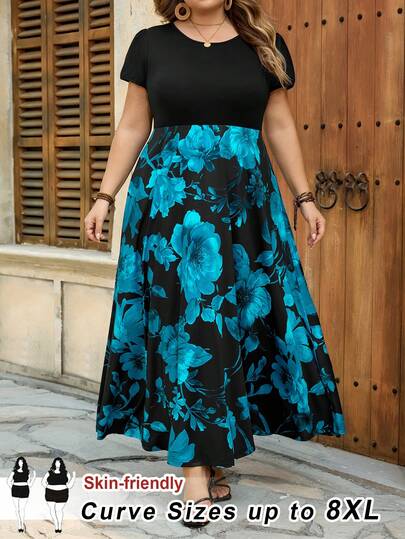 SHEIN CURVE+ Curve Size US22Music Festival, Seaside Vacation, BohemiaSummer Knit Stretch Fit Floral Print A-Line Dress Boho Vacation