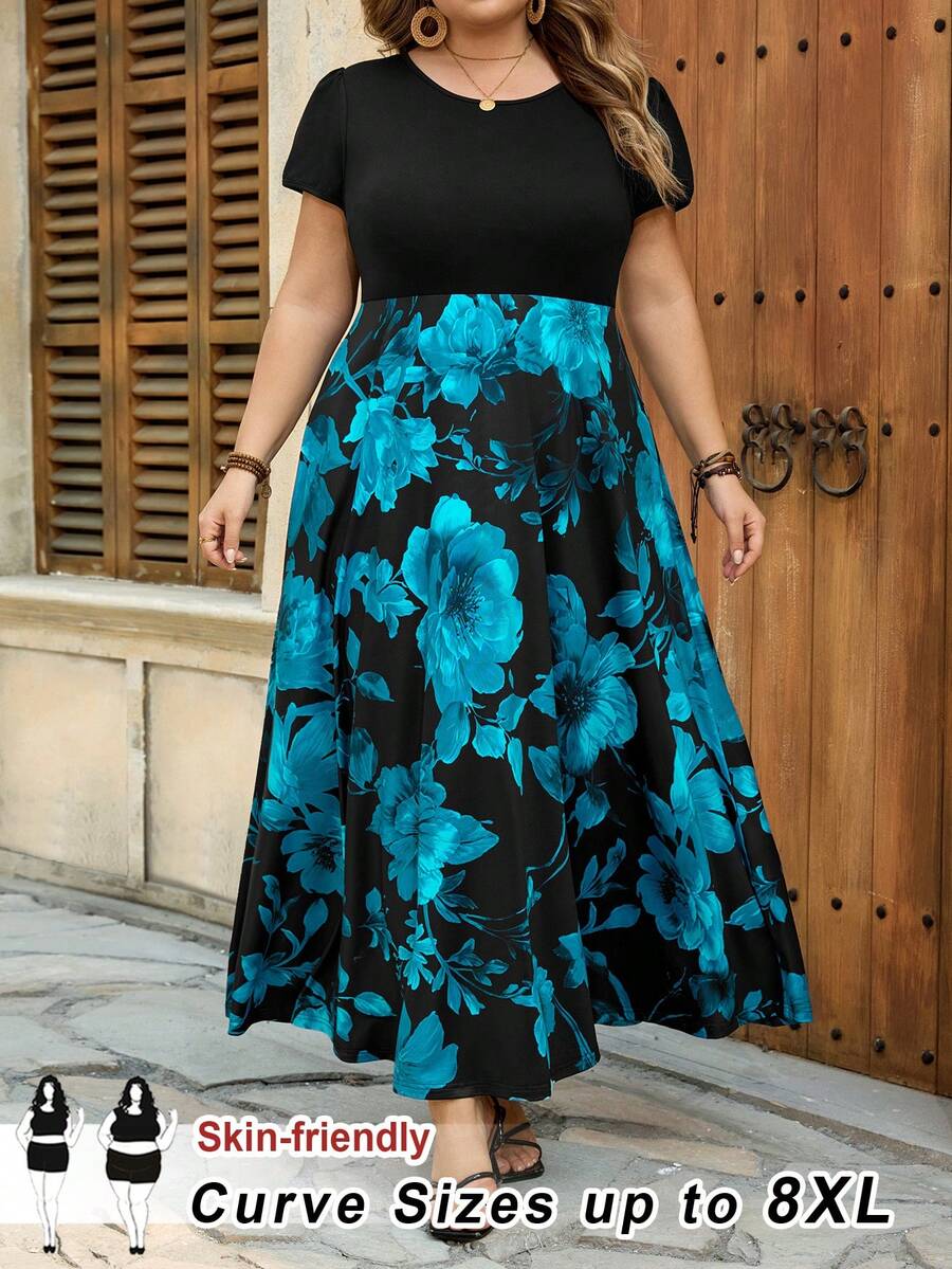 SHEIN CURVE+ Curve 尺码 US22 音乐节、海滨度假、波西米亚风夏季针织弹力修身印花 A 字连衣裙 波西米亚度假