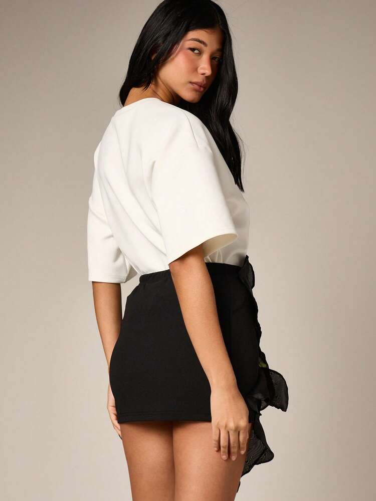 Women's Black Satin Organza Flower Multiway Top Or Mini Skirt Ruffle Hem Detail Tie Waist Evening Party  Dressy Elegant Short Feminine