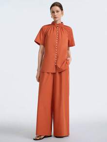 Aalyst 2 pezzi Set top a maniche corte con colletto arricciato e vita con laccio + pantaloni lunghi, adatto per appuntamenti, tè pomeridiano, laurea, pendolarismo - Arancione - Visualizzare 3