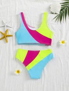 Emery Rose Kids Emery Rose Kids 少女针织撞色泳衣上衣和短裤两件套 - 藍白色 - 查看 5