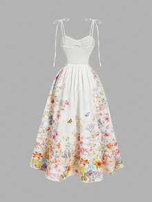 SHEIN MOD 女士花卉蝴蝶印花系带连衣裙，度假风 - 彩色 - 查看 2