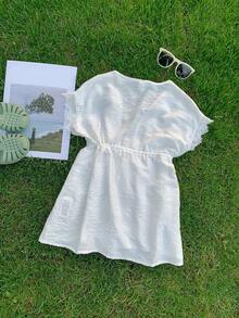 Young Girl Knitted Solid Color Off-Shoulder Loose Casual Cloak - White - View 3