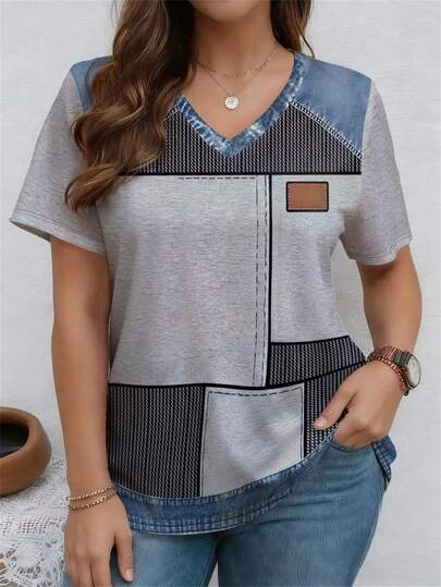 EMERY ROSE 印花拼接涂鸦V领短袖休闲加大码T恤，春夏款