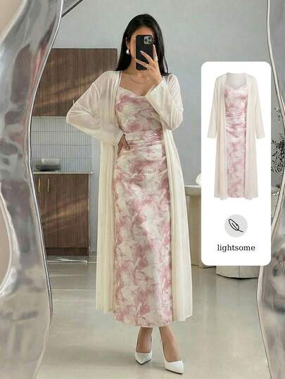 Modelyn 女士优雅印花褶皱吊带连衣裙和外套两件套，夏季