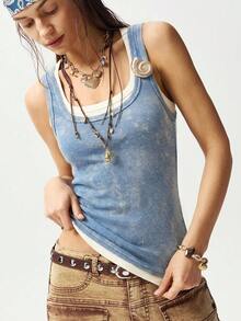 Bohemela 女士休闲针织拼接背心 - 藍色 - 查看 4