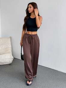 SHEIN PETITE 女士夏季乡村音乐会外出海滩装扮波西米亚风简约水洗100%纯棉白色弧形裤脚裤 - 棕色 - 查看 5