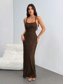 SHEIN Tall Đầm ôm sát hở lưng, chất liệu trơn - màu nâu - Xem 4