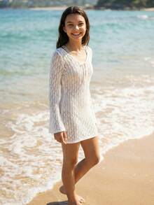 SHEIN Vestido de cubrir con mangas acampanadas y diseño hueco de unicolor para niña preadolescente - Blanco - Ver 1