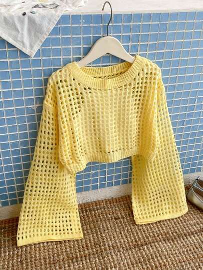 SHEIN Tween Girl Solid Color Hollow Out Crew Neck Casual Long Sleeve Sweater