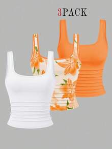EMERY ROSE 3pcs Plus Size Women's Casual Solid Color & Full Printed Pattern Sleeveless Tank Top Set, Summer - Multicolor - View 1