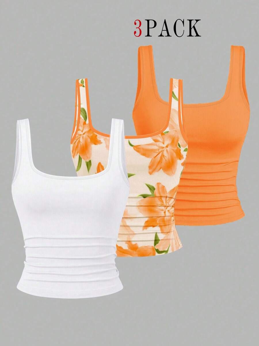 EMERY ROSE 3pcs Plus Size Women's Casual Solid Color & Full Printed Pattern Sleeveless Tank Top Set, Summer - Multicolor - View 1