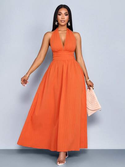 SOLERSUN 女士优雅浪漫橙色海滩度假 V 领褶皱无袖露背 A 字长裙，适合春夏夏威夷女装
