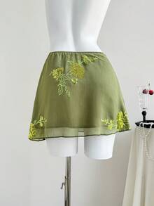 Elamini Chân váy ngắn màu xanh lá cây xuyên thấu thêu họa tiết kiểu Trung Quốc mới, gợi cảm dành cho nữ. - xanh quân đội - Xem 2