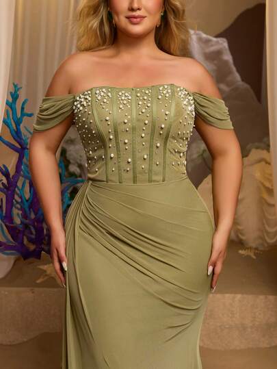 Glamrae 大码优雅奢华绿色亮片串珠露肩褶皱修身鱼尾连衣裙，适合晚宴、盛会、婚礼、度假活动（华丽装饰设计）