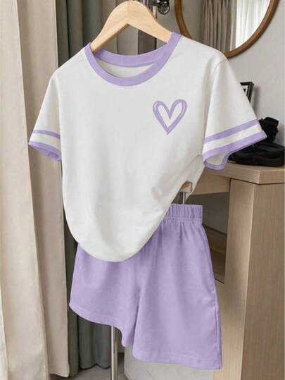 2pcs/Set Teenage Girls' Purple Striped T-Shirt & Heart Print Top With Purple Shorts, Casual Daily Outfit Suitable For Spring, Summer, Autumn