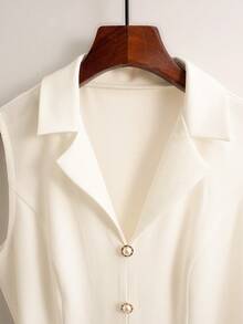 Franclia Women's Spring/Summer White Sleeveless Collared Pearl Button Waist A-Line Midi Dress, Suitable For Daily Wear And Commuting White Sleeveless Dress Collared Dress White Collared Dress Classy Belted Cream Dress White Button Up Dress White Vintage Dress White Classy Dress Cute White Dress Dress Clothes - Apricot - View 3