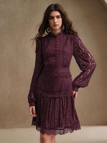 Anewsta Đầm ren trắng tay dài dáng xòe, thích hợp cho mùa xuân, lễ hội, ngày Valentine, thanh lịch, lễ Phục sinh, kỳ nghỉ. - Màu tím - Xem 5