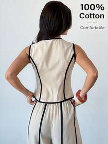 Firerie Women's Elegant Commuter Fitted Contrast Trim Waist 100% Cotton Shirt - Apricot - View 2