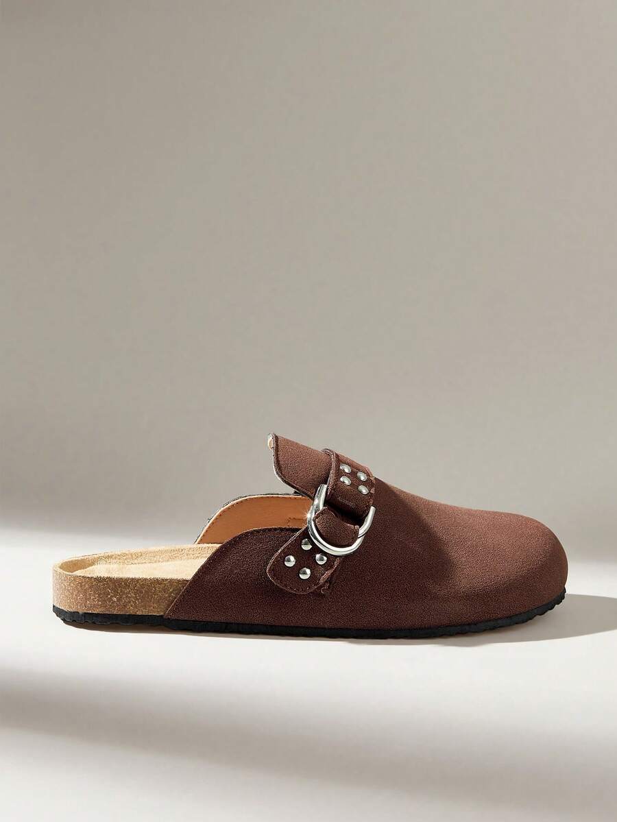 Solecia 女士新款半包式拖鞋，饰有铆钉，适合外出、居家、办公和休闲穿着 - 摩卡棕 - 查看 1